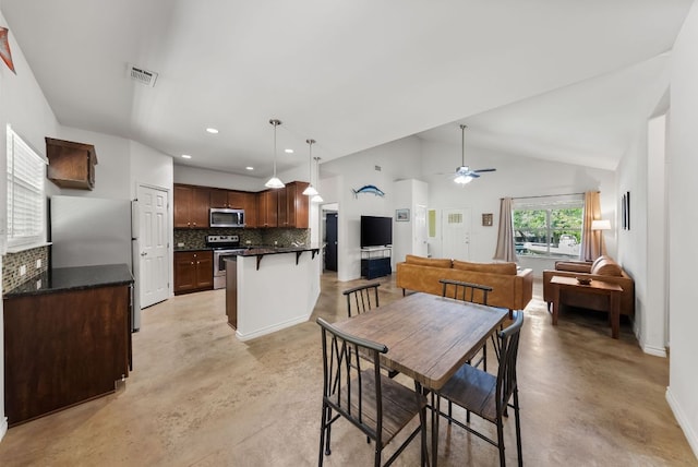 14601 Running Deer Trl, Austin, TX 78734 - dining area featuring finished concrete flooring, a ceiling fan, and recessed lighting