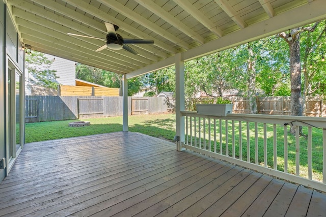 8206 Avocet Dr, Austin, TX 78745 - wooden deck with a fenced backyard, a ceiling fan, and a fire pit