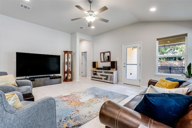 1901 Owens Ln, Lago Vista, TX 78645 - living room featuring lofted ceiling, a ceiling fan, tile patterned floors, and recessed lighting
