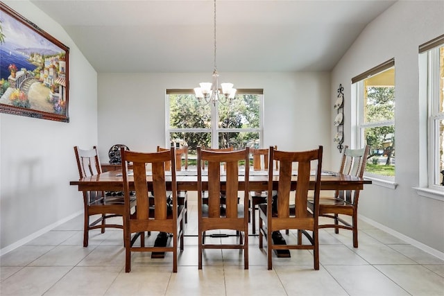 1901 Owens Ln, Lago Vista, TX 78645 - dining space featuring a chandelier, plenty of natural light, light tile patterned floors, and lofted ceiling