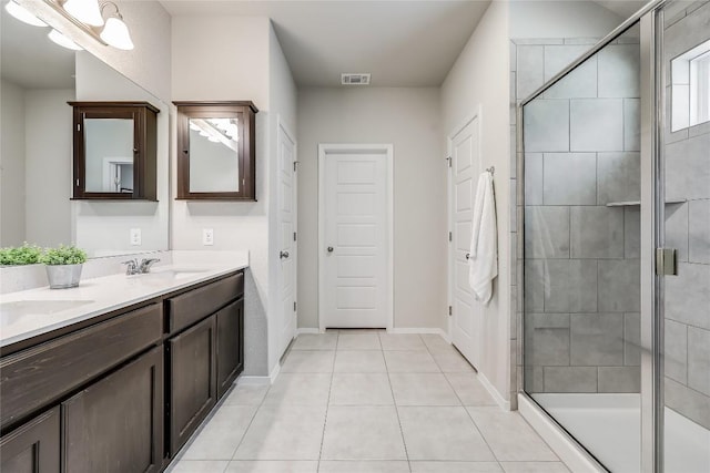 1901 Owens Ln, Lago Vista, TX 78645 - full bath featuring double vanity, a stall shower, and tile patterned flooring