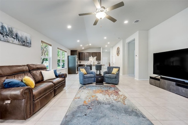 1901 Owens Ln, Lago Vista, TX 78645 - living area with light tile patterned floors, a ceiling fan, vaulted ceiling, and recessed lighting