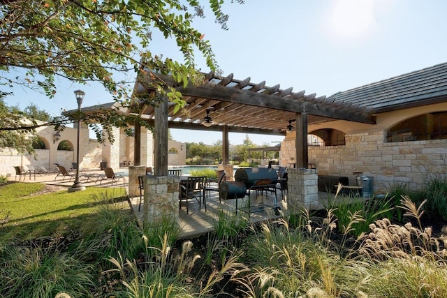 15913 Villa Frontera Dr, Bee Cave, TX 78738 - view of patio / terrace with a pergola, ceiling fan, and an outdoor pool