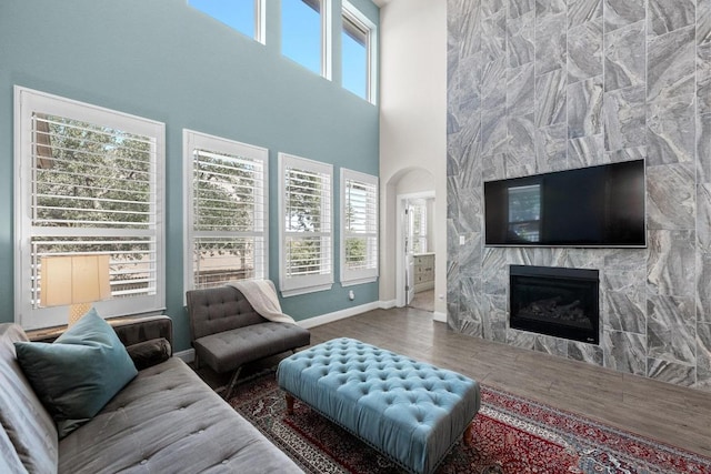 15913 Villa Frontera Dr, Bee Cave, TX 78738 - living area featuring wood finished floors, a fireplace, and a high ceiling