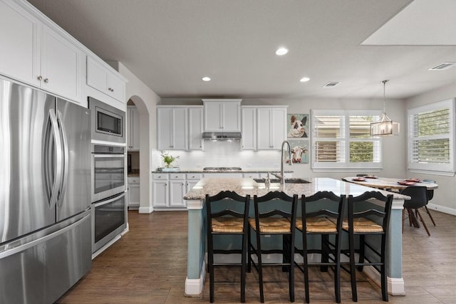 15913 Villa Frontera Dr, Bee Cave, TX 78738 - kitchen featuring appliances with stainless steel finishes, recessed lighting, white cabinetry, decorative backsplash, and dark wood-style floors