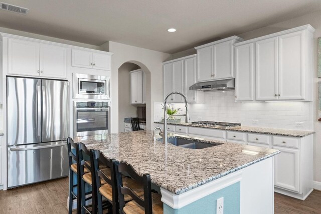 15913 Villa Frontera Dr, Bee Cave, TX 78738 - kitchen featuring stainless steel appliances, under cabinet range hood, arched walkways, recessed lighting, and white cabinets