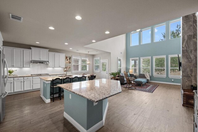 15913 Villa Frontera Dr, Bee Cave, TX 78738 - kitchen with a kitchen island with sink, under cabinet range hood, stainless steel appliances, a kitchen bar, and open floor plan