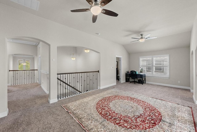 15913 Villa Frontera Dr, Bee Cave, TX 78738 - sitting room with carpet flooring, ceiling fan, healthy amount of natural light, and vaulted ceiling