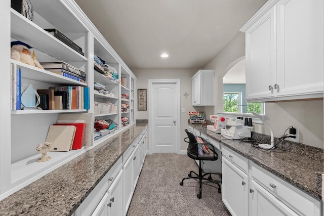 15913 Villa Frontera Dr, Bee Cave, TX 78738 - office with built in desk, arched walkways, light colored carpet, and recessed lighting