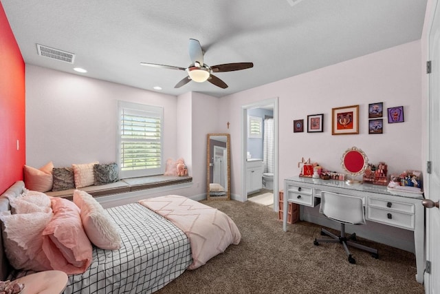 15913 Villa Frontera Dr, Bee Cave, TX 78738 - bedroom featuring carpet floors, ensuite bathroom, ceiling fan, and recessed lighting