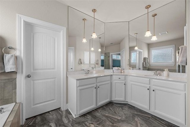 15913 Villa Frontera Dr, Bee Cave, TX 78738 - full bathroom featuring marble tiled flooring, double vanity, and a bath