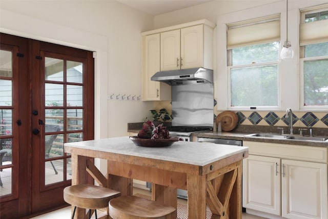 1917 Miles Ave, Austin, TX 78745 - kitchen with exhaust hood, plenty of natural light, tasteful backsplash, and french doors