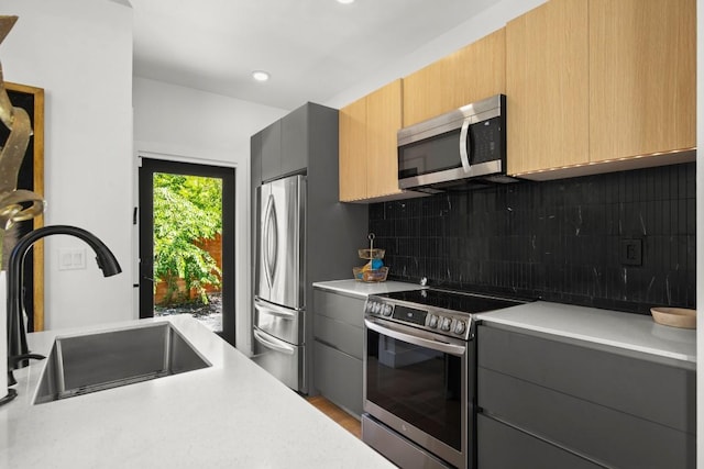 4802 Gladeview Dr Unit 2, Austin, TX 78745 - kitchen featuring appliances with stainless steel finishes, light countertops, tasteful backsplash, gray cabinetry, and recessed lighting