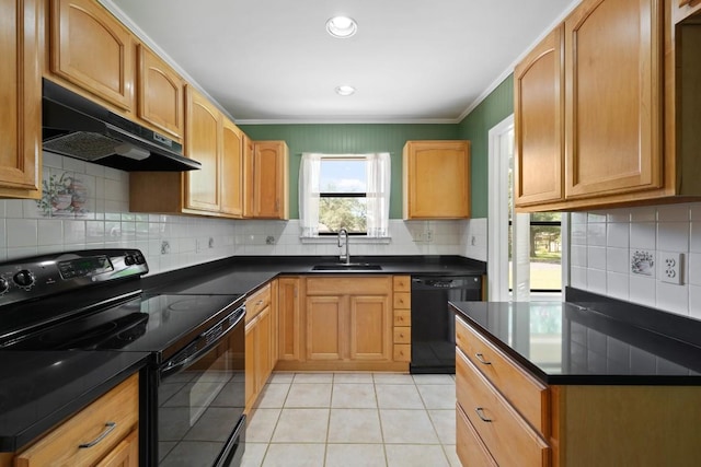 132 Spanish Oak Dr, Georgetown, TX 78628 - kitchen with black appliances, exhaust hood, dark countertops, light tile patterned flooring, and tasteful backsplash