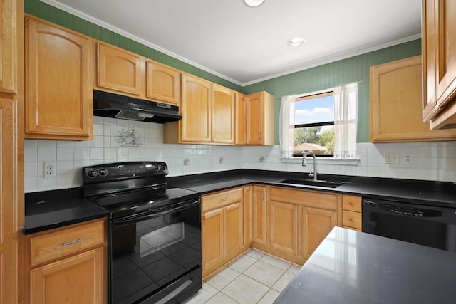 132 Spanish Oak Dr, Georgetown, TX 78628 - kitchen with black appliances, under cabinet range hood, ornamental molding, dark countertops, and light tile patterned flooring