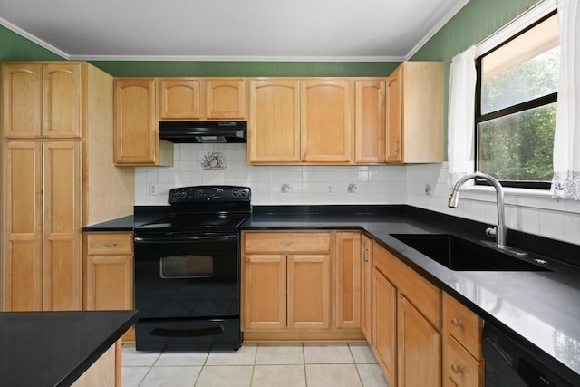 132 Spanish Oak Dr, Georgetown, TX 78628 - kitchen featuring black appliances, under cabinet range hood, ornamental molding, light tile patterned flooring, and tasteful backsplash