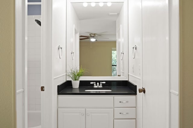 132 Spanish Oak Dr, Georgetown, TX 78628 - full bath featuring vanity, ceiling fan, and shower / bathtub combination