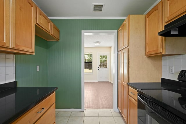 132 Spanish Oak Dr, Georgetown, TX 78628 - kitchen with black / electric stove, under cabinet range hood, dark countertops, backsplash, and crown molding