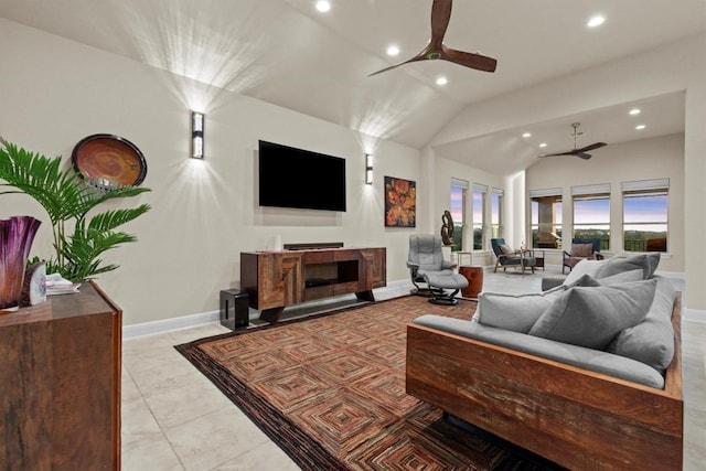 9110 Bayshore Bnd Unit 30, Austin, TX 78726 - living area featuring ceiling fan, recessed lighting, lofted ceiling, and light tile patterned flooring