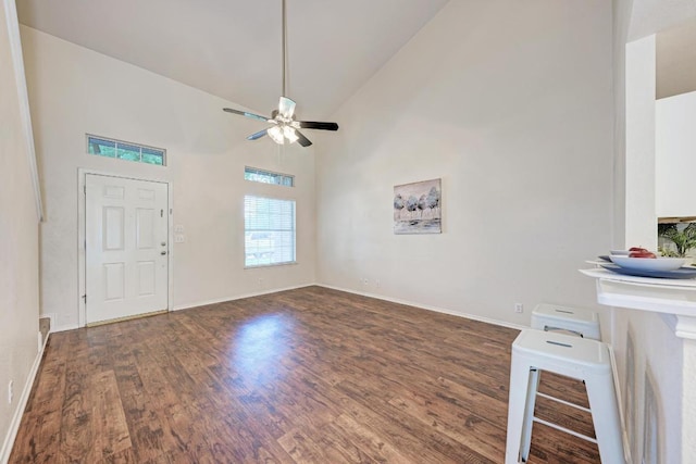 1803 Kwai Cv, Leander, TX 78641 - foyer entrance featuring a ceiling fan, high vaulted ceiling, and wood finished floors