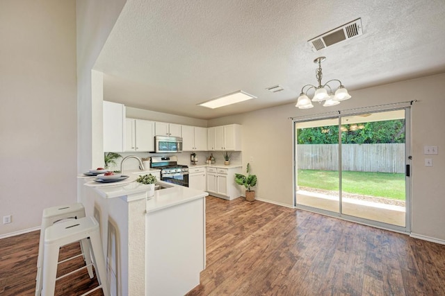 1803 Kwai Cv, Leander, TX 78641 - kitchen featuring appliances with stainless steel finishes, a textured ceiling, light wood-type flooring, light countertops, and a chandelier