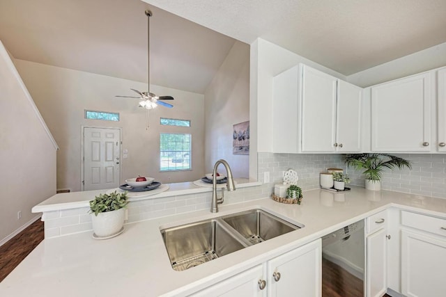 1803 Kwai Cv, Leander, TX 78641 - kitchen featuring dishwashing machine, dark wood-type flooring, tasteful backsplash, white cabinetry, and vaulted ceiling
