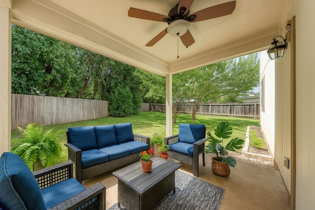 1803 Kwai Cv, Leander, TX 78641 - fenced backyard featuring outdoor lounge area, ceiling fan, and a patio area