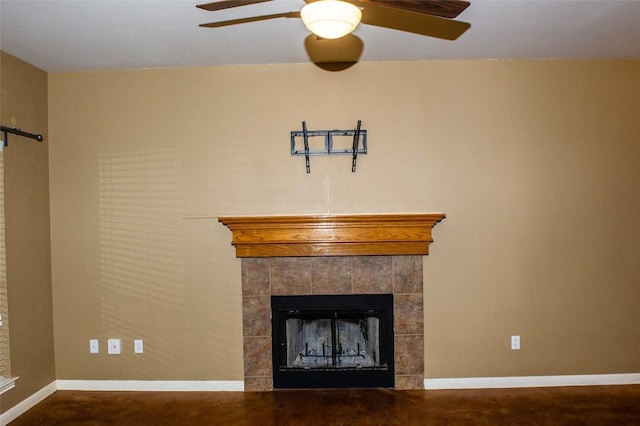2003 White Dove Pass, Austin, TX 78734 - detailed view of ceiling fan, a tile fireplace, and concrete floors