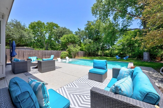 15001 Doria Dr, Austin, TX 78728 - view of pool with an outdoor hangout area, a patio area, a fenced backyard, and view of scattered trees