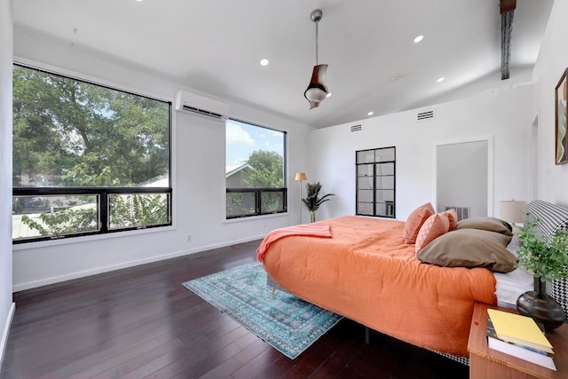 1708 Briar St, Austin, TX 78704 - bedroom with an AC wall unit, hardwood / wood-style flooring, recessed lighting, and beamed ceiling