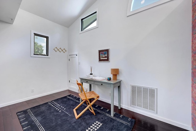 1708 Briar St, Austin, TX 78704 - office area with hardwood / wood-style floors and high vaulted ceiling