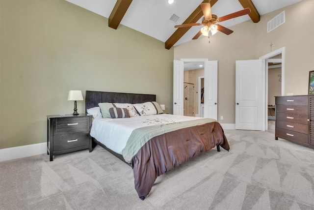 101 Dorado St, Georgetown, TX 78628 - bedroom with beam ceiling, light carpet, high vaulted ceiling, a ceiling fan, and connected bathroom