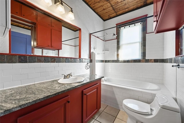 5112 Caswell Ave, Austin, TX 78751 - bathroom featuring wooden ceiling, vanity, tiled shower / bath combo, and tile patterned floors