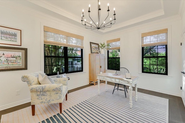 3342 Far View Dr, Austin, TX 78730 - office space featuring crown molding, a chandelier, and wood finished floors