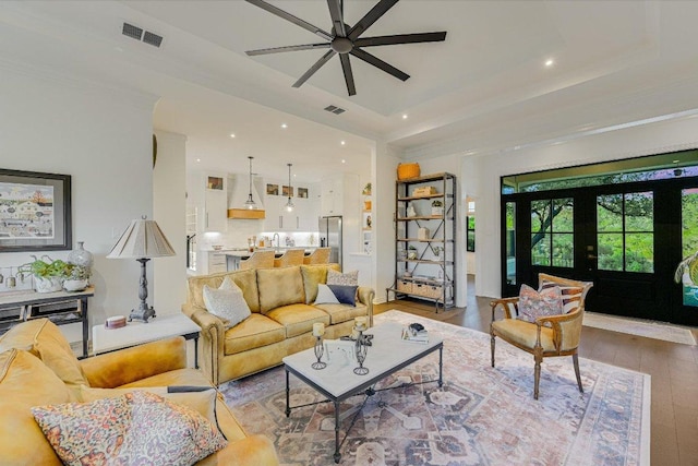 3342 Far View Dr, Austin, TX 78730 - living room with a ceiling fan, hardwood / wood-style floors, recessed lighting, and ornamental molding