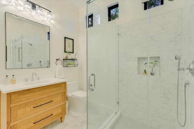 3342 Far View Dr, Austin, TX 78730 - full bathroom with a stall shower, vanity, marble finish flooring, and ornamental molding
