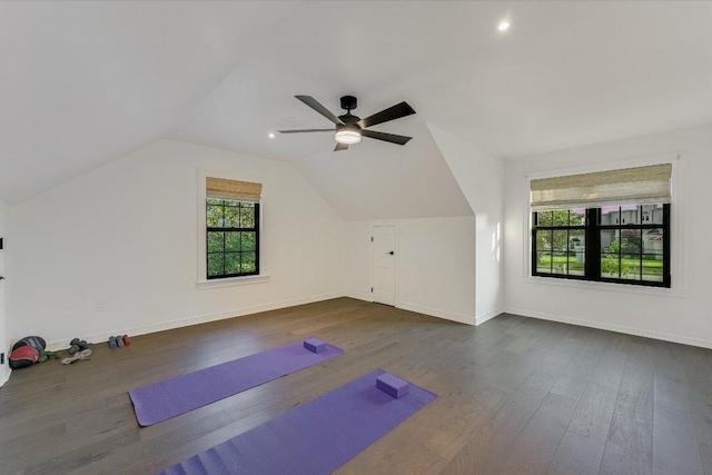 3342 Far View Dr, Austin, TX 78730 - bonus room featuring dark wood-style flooring, lofted ceiling, and ceiling fan