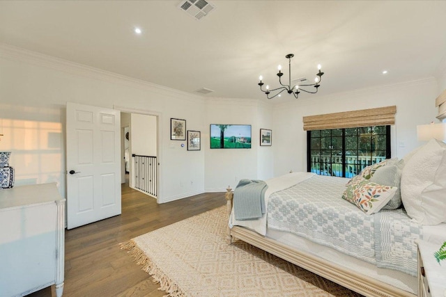 3342 Far View Dr, Austin, TX 78730 - bedroom with a chandelier, wood finished floors, crown molding, recessed lighting, and access to outside