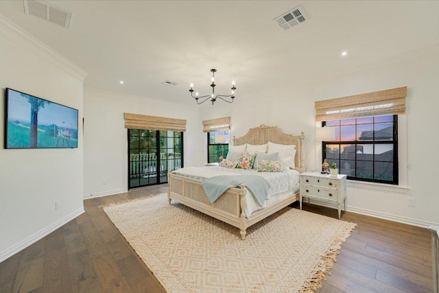 3342 Far View Dr, Austin, TX 78730 - bedroom featuring a chandelier, ornamental molding, wood-type flooring, access to outside, and recessed lighting