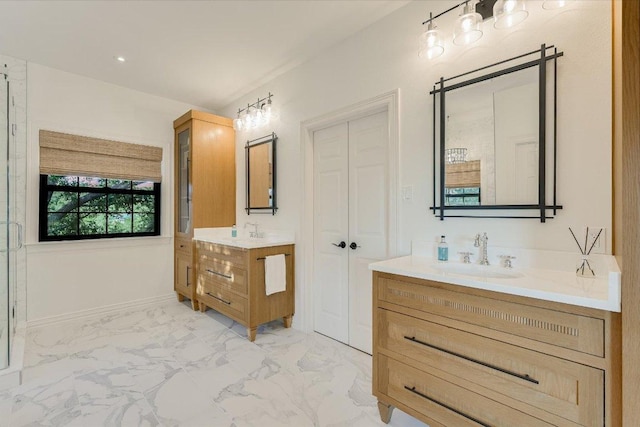 3342 Far View Dr, Austin, TX 78730 - full bathroom featuring marble look tile flooring, two vanities, and recessed lighting