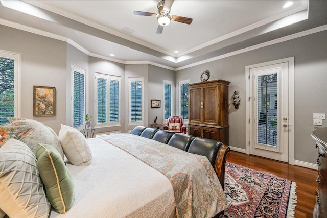 9105 Westminster Glen Ave, Austin, TX 78730 - bedroom with a raised ceiling, wood finished floors, recessed lighting, crown molding, and a ceiling fan