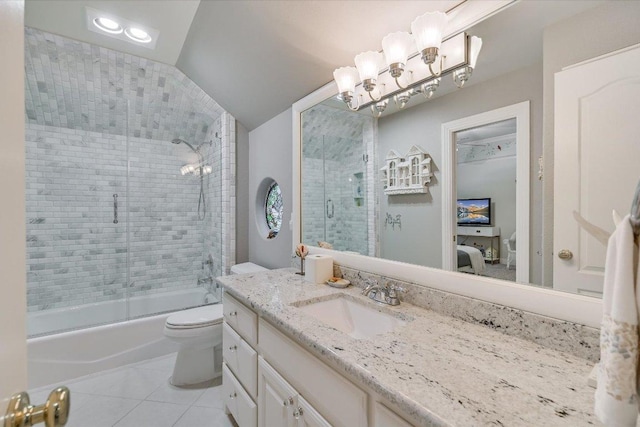 9105 Westminster Glen Ave, Austin, TX 78730 - bathroom with tile patterned floors, enclosed tub / shower combo, vanity, vaulted ceiling, and ensuite bathroom