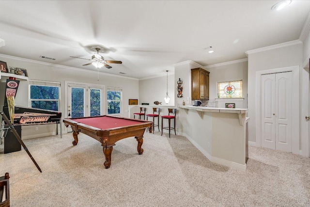 9105 Westminster Glen Ave, Austin, TX 78730 - game room with light carpet, billiards, a ceiling fan, ornamental molding, and recessed lighting