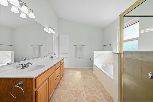 6712 Shiner St, Austin, TX 78729 - bathroom featuring a bath, double vanity, vaulted ceiling, and a shower with door