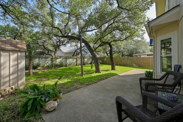 6712 Shiner St, Austin, TX 78729 - fenced backyard with a patio and a storage unit