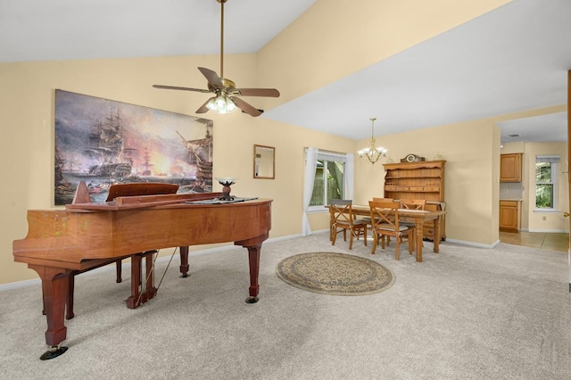 6712 Shiner St, Austin, TX 78729 - sitting room with light colored carpet, a chandelier, ceiling fan, and vaulted ceiling