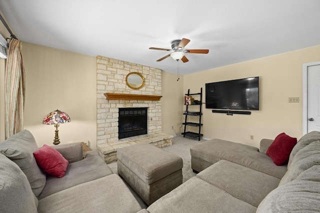 6712 Shiner St, Austin, TX 78729 - carpeted living room featuring a ceiling fan and a fireplace