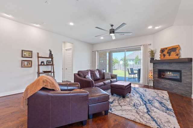 164 Mary Cornelia Cv, Buda, TX 78610 - living area with hardwood / wood-style floors, ceiling fan, recessed lighting, and a fireplace