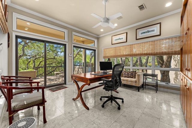 59 Stillmeadow Dr, The Hills, TX 78738 - office space with ceiling fan, crown molding, and recessed lighting