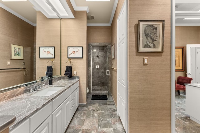 59 Stillmeadow Dr, The Hills, TX 78738 - bathroom featuring crown molding, vanity, marble look tile flooring, and a stall shower